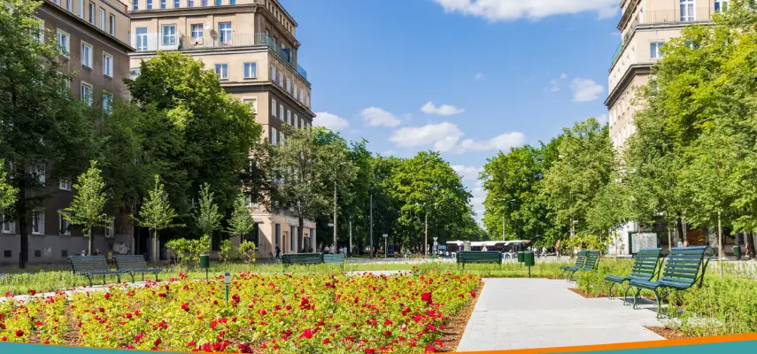 Plac Centralny in Nowa Huta, Kraków — a wide boulevard flanked by socialist realist apartment blocks.
