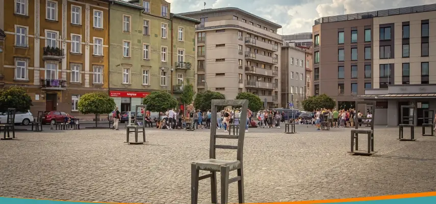 The Empty Chairs memorial at Ghetto Heroes' Square (Plac Bohaterów Getta) in Kraków's Podgórze district
