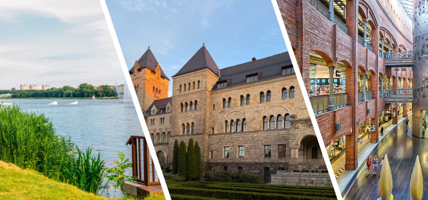 Three Poznań sights beyond the Old Town: Malta Lake, the Imperial Castle, and the interior atrium of Stary Browar.