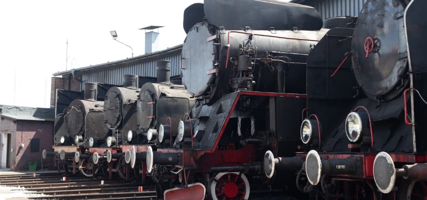 A row of black steam locomotives lined up at the Wolsztyn depot, with their headlights, smokeboxes, and pistons visible from the side.