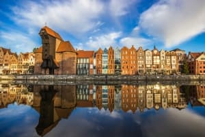 Gdansk Old Town and the Crane reflected in the Motlawa River.