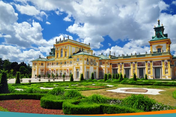 Wilanów Palace in Warsaw, a 17th-century Baroque royal residence with formal gardens in the foreground